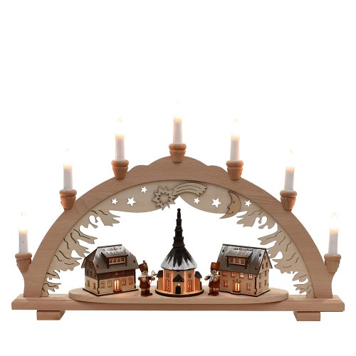 Wichtelstube-Kollektion Holz Schwibbogen Lichterbogen Seiffener Bergmannszug XL 58cm Schwippbogen Weihnachten Weihnachtsbogen Schwibbogen Weihnachten 10 Kerzen 230V Anschluss