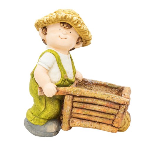 Wichtelstube-Kollektion XL Gartenfigur Dekofigur Martin mit Schubkaren als Blumentopf Outdoor ca. 39cm groß Gartenfiguren Wetterfest für Außen Gartendeko