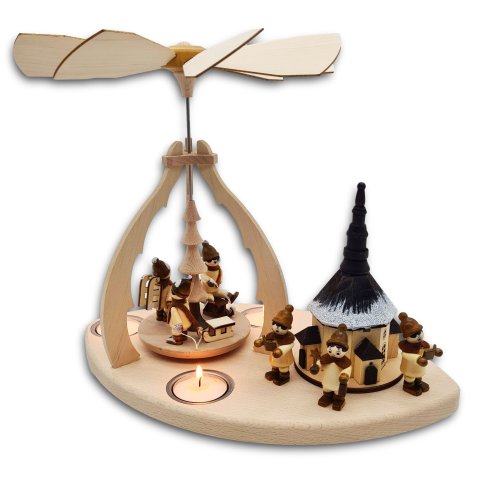 Wichtelstube-Kollektion Weihnachtspyramide f. Teelichter 25cm "Seiffener Kirche Kurrenden" Buchenholz Teelichtpyramide Weihnachten