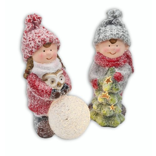 Wichtelstube-Kollektion Junge und Mädchen mit Schneekugel Dekofiguren als Set (2 Stück)  mit LED Beleuchtung 17cm Deko Keramikfiguren Weihnachten Winterkinder Weihnachtsfiguren
