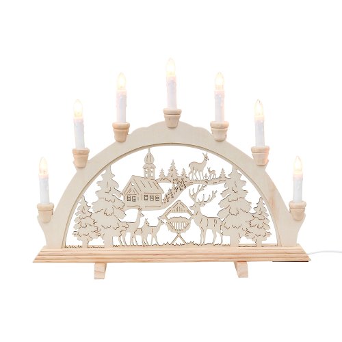 Wichtelstube-Kollektion Holz Schwibbogen Lichterbogen Waldkirche und Rehe XL 58cm Schwippbogen Weihnachten Weihnachtsbogen Schwibbogen Weihnachten 7 Kerzen 230V Anschluss
