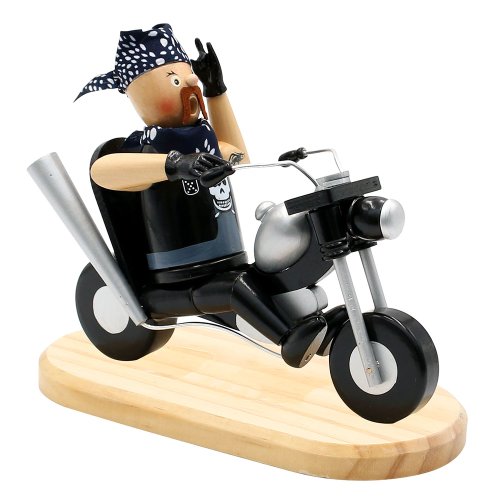 Wichtelstube-Kollektion Holz  XXL Räucherfigur "Rocker" auf Motorrad, detailgetreues Räuchermännchen 20 x 8 x 18 cm
