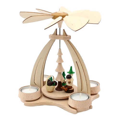 Wichtelstube-Kollektion Holz Weihnachtspyramide Tischpyramide aus feinsten Buchenholz, Waldwichtel Pilzsammler für 4 Teelichter ,14 x 18 x 24 cm Pyramide Weihnachten