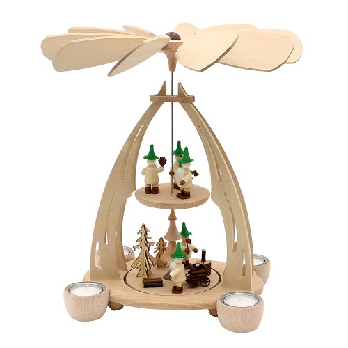 Wichtelstube-Kollektion XL Weihnachtspyramide aus feinsten Buchenholz Pyramiden teelichter, Waldwichtel , 2 Etagen, 20 x 24 x 35 cm  XXL Pyramide Weihnachten