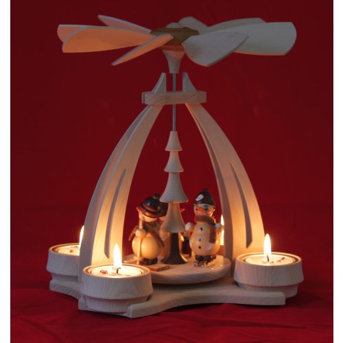 Wichtelstube-Kollektion Weihnachtspyramide für 4 Teelichter Teelichter 24cm mit handwerklich gestalteten "Schneemannfiguren" Größe: ca. 14x18x24cm #1