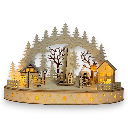 Wichtelstube-Kollektion LED Schwibbogen Weihnachtsdorf mit drehenden Baum, Schwippbogen Weihnachten mit Bewegung, Lichterbogen Echtholz batteriebetrieben mit integegreirten Timer