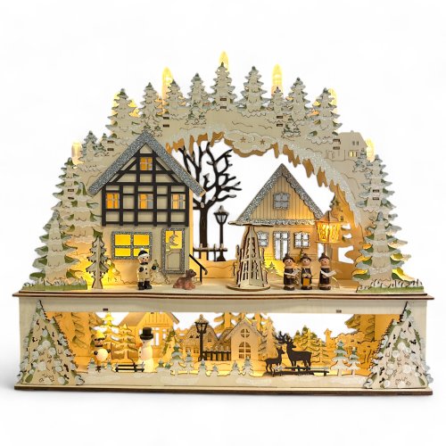 Wichtelstube Kollektion LED Schwibbogen Fachwerkhaus Kurrenden vor Weihnachtspyramide Lichterbogen Weihnachten Schwippbogen mit zusätzlichem Podest Holz