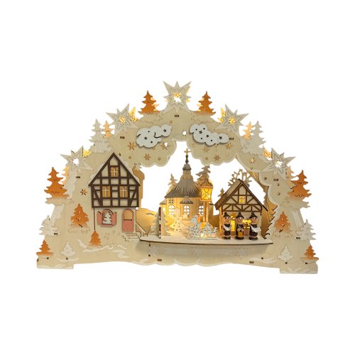 Wichtelstube-Kollektion LED Schwibbogen Fachwerkhäuser Lichterbogen Weihnachten beidseitig bemalt Schwippbogen Echtholz batteriebetrieben mit integriertenTimer 45cm