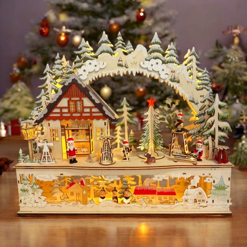 Wichtelstube-Kollektion XL LED Schwibbogen Wichtelwerkstatt Lichterbogen Weihnachten Echtholz beidseitig bemalt Schwippbogen mit Podest