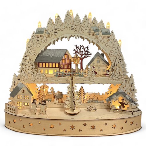 Wichtelstube-Kollektion XXL LED Schwibbogen Weihnachtsdorf, Lichterbogen mit Podest mehrere Ebenen und Bewegung Schwippbogen mit drehenden Weihnachtsbaum Echtholz
