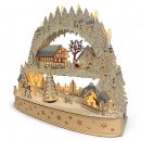 Wichtelstube-Kollektion XXL LED Schwibbogen Weihnachtsdorf, Lichterbogen mit Podest mehrere Ebenen und Bewegung Schwippbogen mit drehenden Weihnachtsbaum Echtholz
