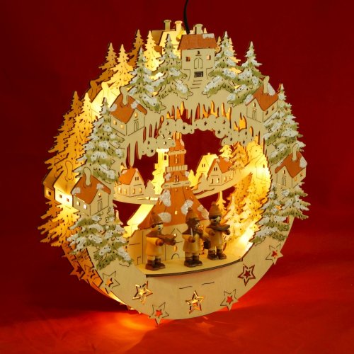 Wichtelstube-Kollektion Holz Fensterbild  Seiffener Kirche mit Kurrenden Weihnachtsdeko fürs Fenster, 30 x 6 x 28 cm inkl. Adapter 4,5 V; LED Fensterbilder Weihnachten
