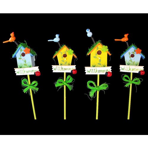 Dekostab Set (4 Stück) Ostern Vogelhäuschen Gartenstecker, Holzstecker