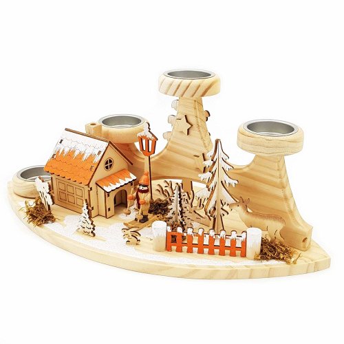 Wichtelstube-Kollektion Adventskranz Teelichthalter "Einkehr Waldhütte" mit Räucherhäuschen Räuchermännchen echte Holzkunst