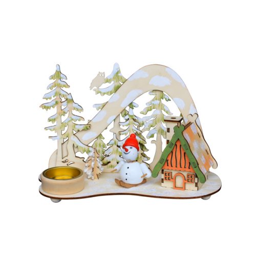 Räucherhaus mit Teelichthalter - Schneeman auf Ski Weihnachten Holz