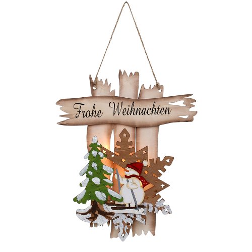 Holz Türhänger "Frohe Weihnachten" Fensterbild Schneemann  29 x 3 x 36 cm Batteriebetrieb LED