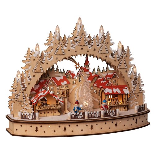 LED Holz Schwibbogen Oval "Weihnachtsmarkt im Erzgebirge" Lichterbogen Schwippbogen mit Timer