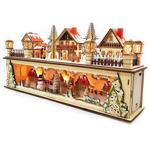 LED Holz Lichtersockel mit Timer Schwibbogen "Weihnachtsdorf" Podest mit Timer schwibbogen Schwippbogen
