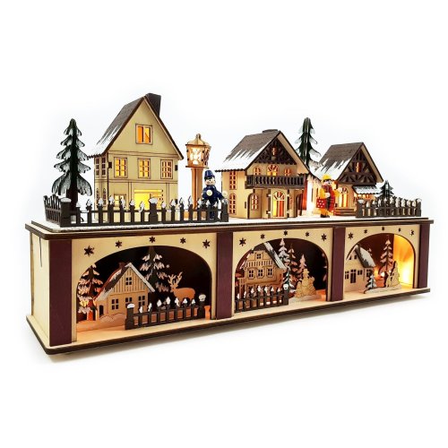 LED Holz Lichtersockel mit Timer Schwibbogen "Weihnachtsdorf" Podest Schwibbogenunterbank